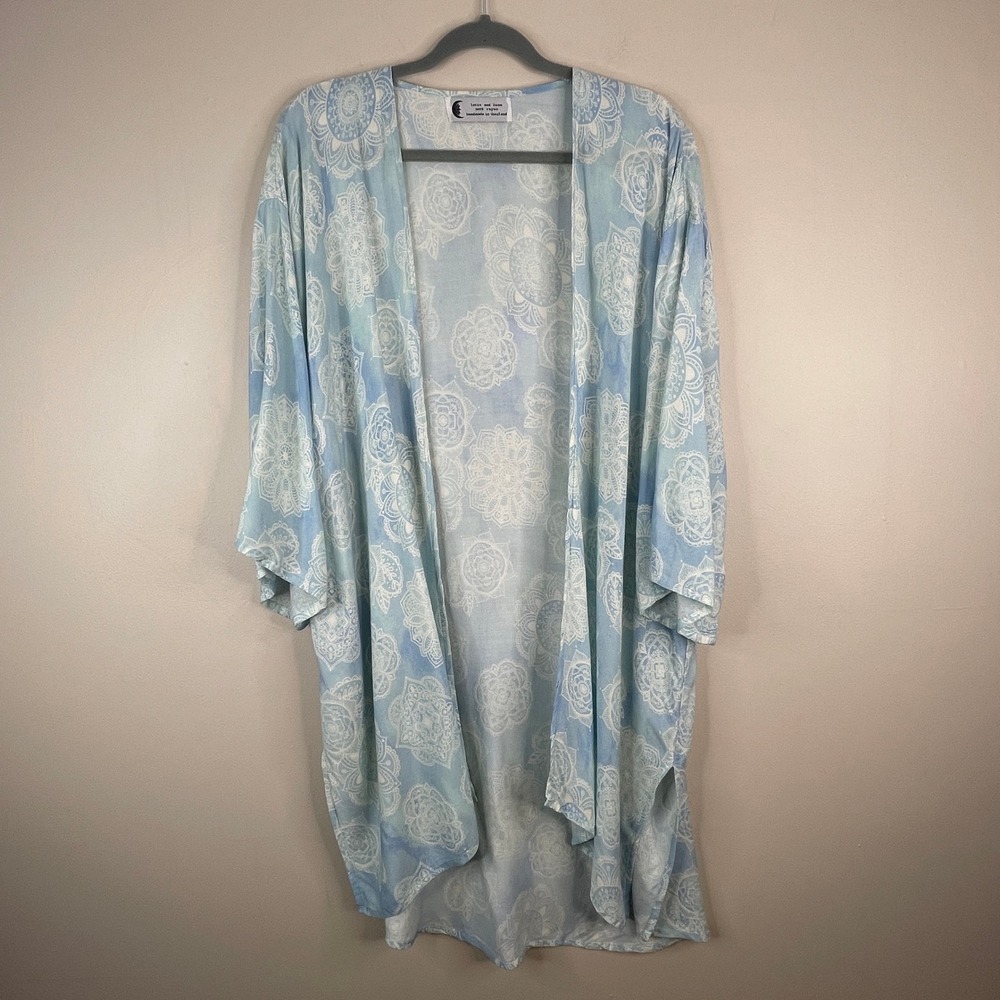 Lotus and Luna Mandala Thailand Print Kimono OS Blue Boho Festival Cover Up